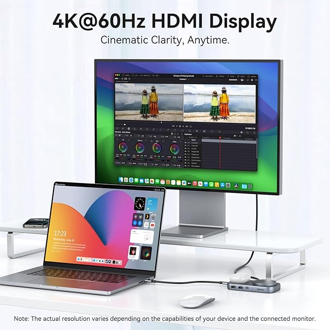 MOKiN USB C Hub with 15W Qi2 Wireless Charger Laptop Docking Station to 4K HDMI 100W PD 10Gbps Ports 15W+5W Wireless Charging Stand for iPhone 16/15/14/13 &amp Airpods USBC Dock for MacBook/Wind