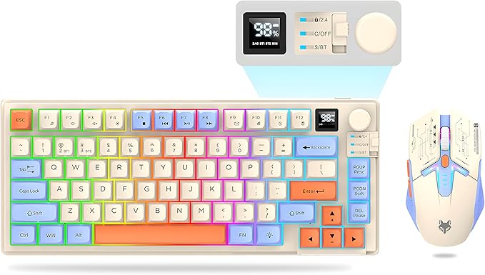 75 ％ Wireless Gaming Keyboard and Mouse Combo Tri-Mode BT5.0/2.4GHz/USB-C RGB Backlit Keyboard + 3D 1600DPI Mice 2000mAh Battery 80 Keys Knob Volume Control (Blue)