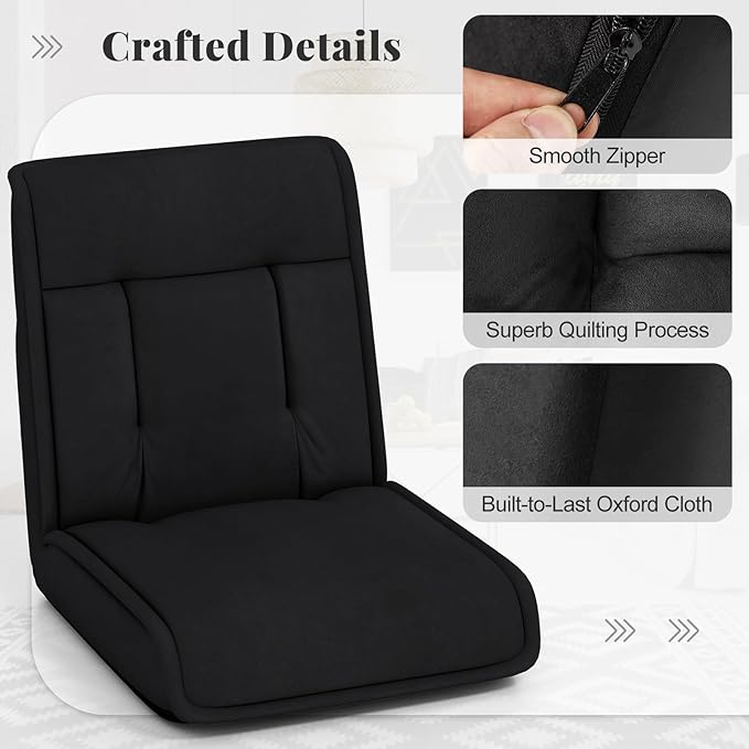 COSTWAY Folding Floor Chair Convertible Lazy Sofa with 14-Poistion Adjustable Backrest 5-Position Adjustable Headrest Cushioned Floor Gaming Chair for Adults Reading Meditating (Black)