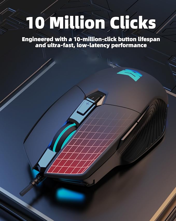 Wired Gaming Mouse Ergonomic Wired Mouse for Laptop RGB Mouse 7200 DPI Optical Sensor Adjustable USB C RGB LED Backlit Gaming Mice with 7 Programmable Buttons Black