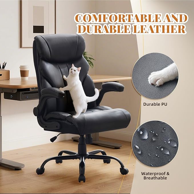 Office ChairBig and Tall Office Chairs 500LBS Wide Ergonomic Gaming Chair Executive Leather Computer Chairs with Adjustable Height &amp 360° Swivel Rolling Wheels for WorkBlack