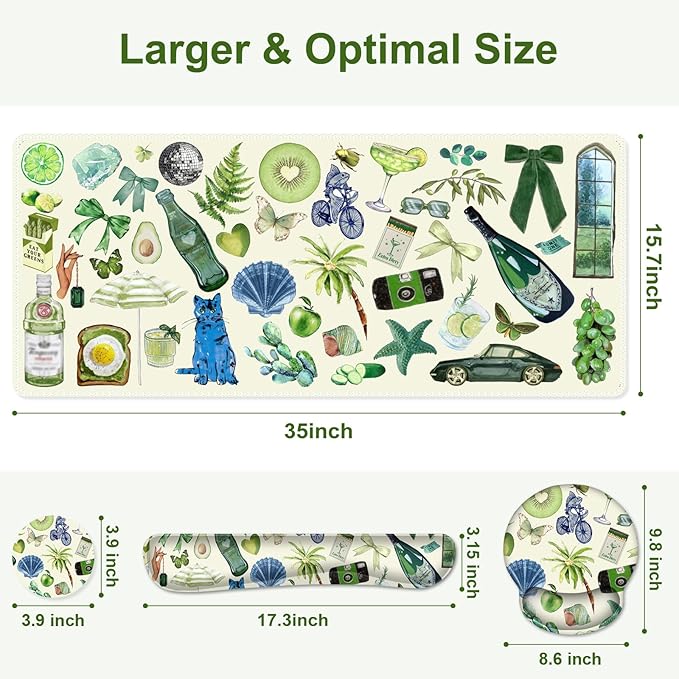 Mouse Pad 4 in1 Large Desk Mat Desk Pad Matt for Desktop Anti-Slip XXL Big Computer Ergonomic Mousepad with Wrist Support for Keyboard and Mouse for Women I Green Theme Stickers