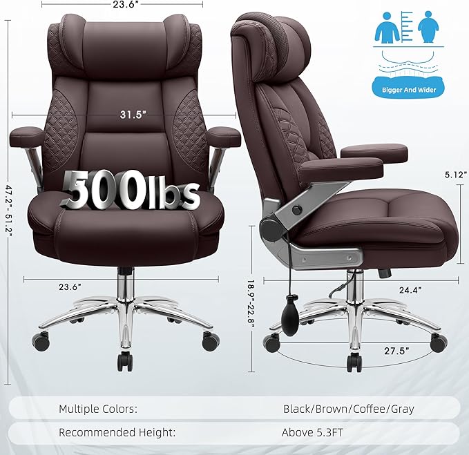 Office Desk Chair Big and Tall Executive Office Computer Chair Extra Wide 500LBS Heavy Duty Office Chair High Back Ergonomic Office Gaming Chair with Adjustable Lumbar Support &amp 5D Flip Arms