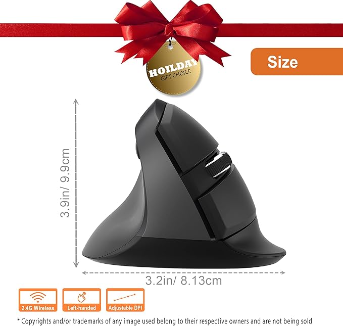 J-Tech Digital Ergonomic Left Hand Mouse with Wireless Connection AA Battery 2.4GHz Nano Transceiver 800 1200 1600 2400 Adjustable DPI Compatible with Windows and MAC OS [V628ML]