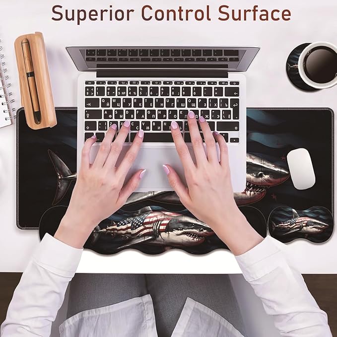 Large Gaming Table Pad 31.5 x 11.8 + Keyboard Wrist Pad + Mouse Wrist Pad + Coaster Non-Slip Base 4-in-1 Set Ergonomic Memory Foam Easy Typing Pain Relief American Flag Shark