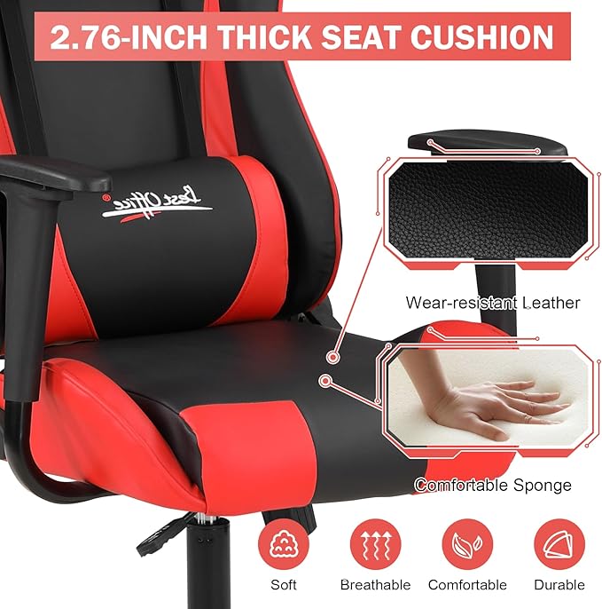 BLKMTY Gaming Chair Office Chairs High Back Computer Leather Desk Chair Racing Executive Ergonomic Adjustable Swivel Task Chairs with Headrest and Lumbar Support Red