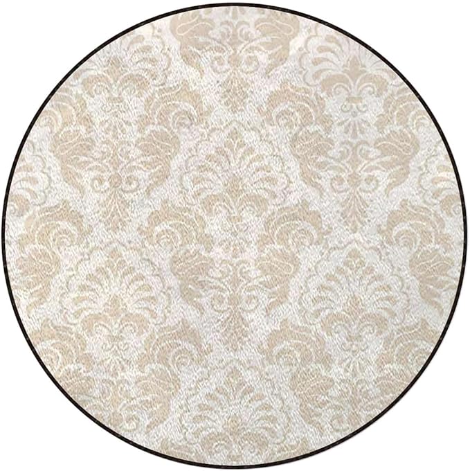 Beige White Round Rug for Bedroom Circular Area Rug Washable Throw Rugs Non-Slip Soft Floor Mat for Living Room Sofa Stylized Retro Swirl Flowers Pattern Diameter 59 in
