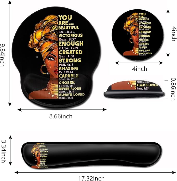 Black Mouse Pad with Stitched Edge Non-Slip Rubber Base Office Accessories Desk Decor for Computers Mouse Pad and Keyboard Wrist Guard SetAfrican American Wall Art Black Woman Queen Pattern