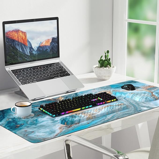 Desk Mat for Keyboard and Mouse Large Mouse Pad with Wrist Rest and Keyboard Pad 4PCS Carpal Tunnel Keyboard Wrist Support Computer Mousepad for Laptop Teal Blue Turquoise Marble