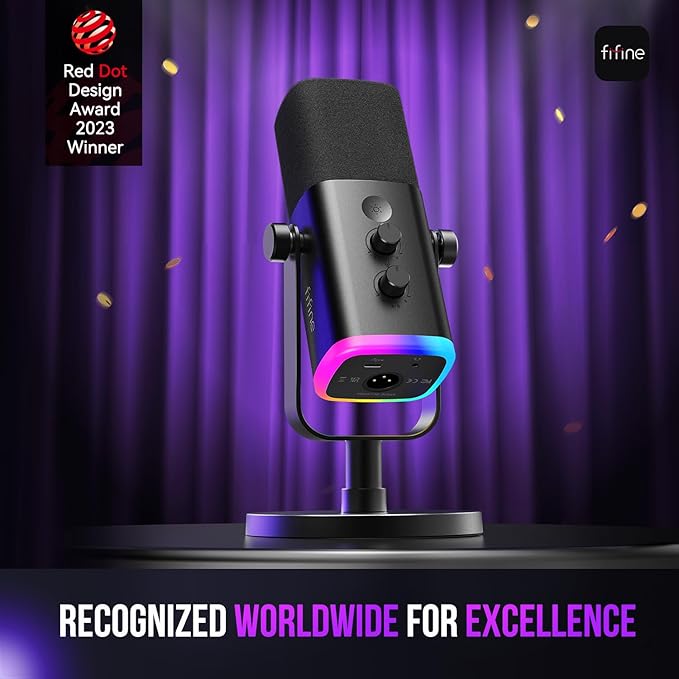FIFINE XLR/USB Gaming Microphone with Desktop Mic Stand Kit Streaming Dynamic Microphone with RGB Gain Knob Headphone Jack Adjustable Table Mic Stand for Recording Podcast Voice-Over-AM8+BS1