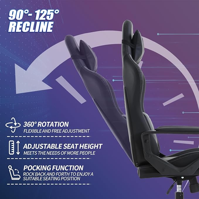 Gaming Chair High-Back Office Chair Ergonomic Video Game Chairs Height Adjustable Reclining Computer Chair with Lumbar Support Armrest Headrest Swivel Chair Game Chair for Adult Teen - Grey