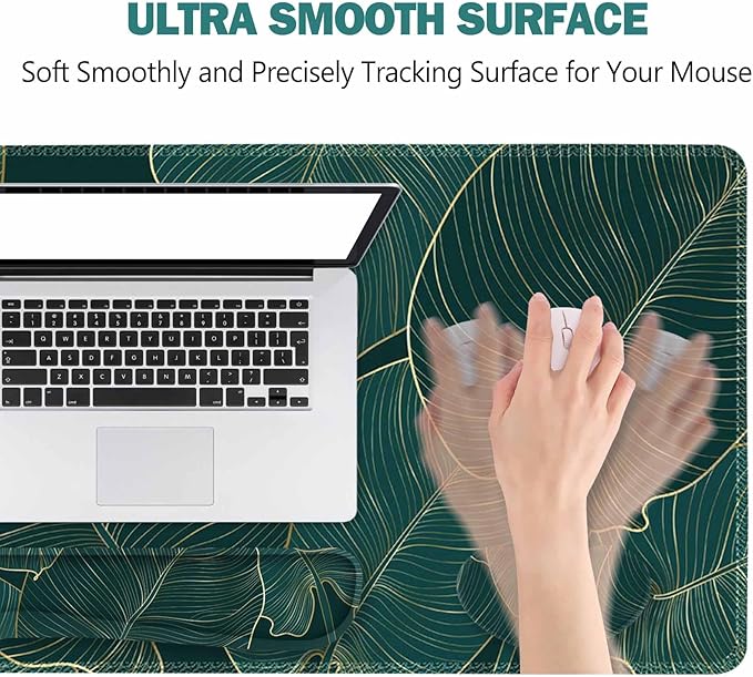 ToLuLu Extended Gaming Mouse Pad Memory Foam Ergonomic Keyboard Mouse Wrist Rest Support Set Large Desk Mat with Stitched Edges Non-Slip Base Mousepad for Home Office Game Green Golden Leaves