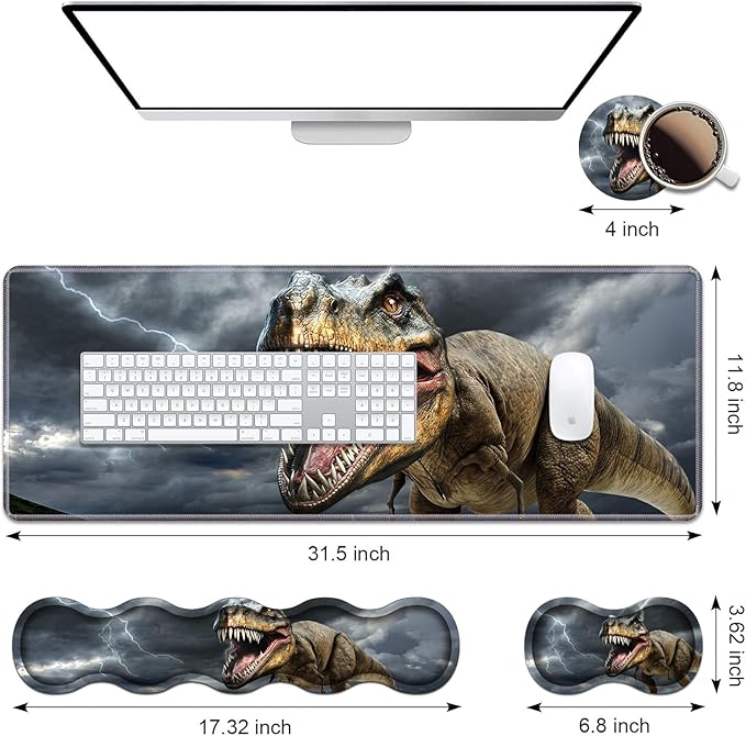 Ergonomic Keyboard Wrist Rest &amp Mouse Pad Wrist Rest Set Large XXL Gaming Desk Mat 31.5x 11.8 with Memory Foam Easy Typing Pain Relief for Office &amp Home Dinosaur