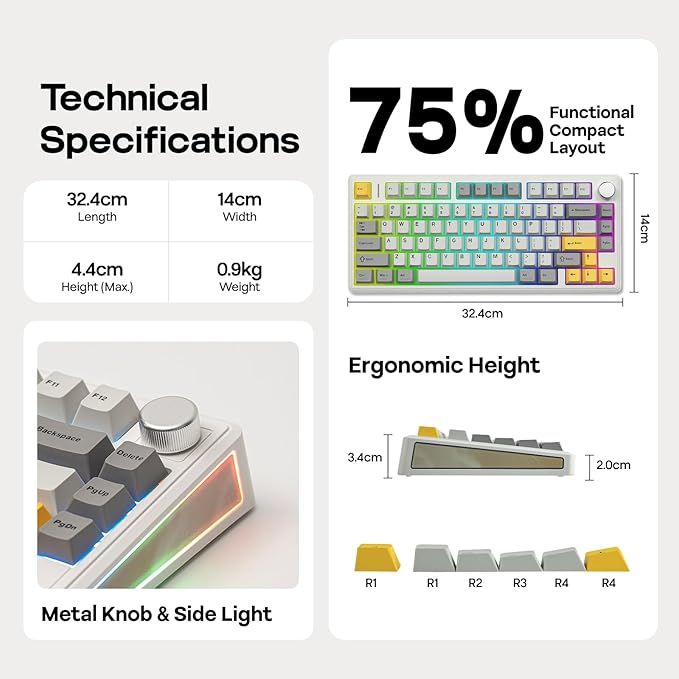 EPOMAKER TH80 V2 75% Wireless Mechanical Keyboard with Metal Knob 8000mAh 2.4Ghz/BT/USB-C RGB Hot Swap Custom Driver PBT Keycap Wireless Gaming Keyboard for PC/Mac (White Sea Salt Silent)