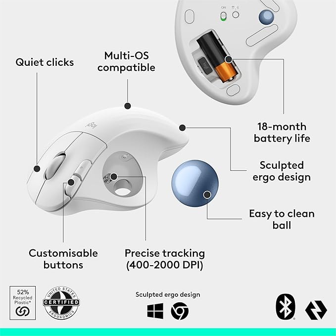 Logitech Ergo M575S Wireless Trackball Mouse Wireless Ergonomic Mouse with Bluetooth and Encrypted Dongle Comfortable Thumb Control Precise and Smooth Tracking for PC/Mac - Off-White Blue Ball