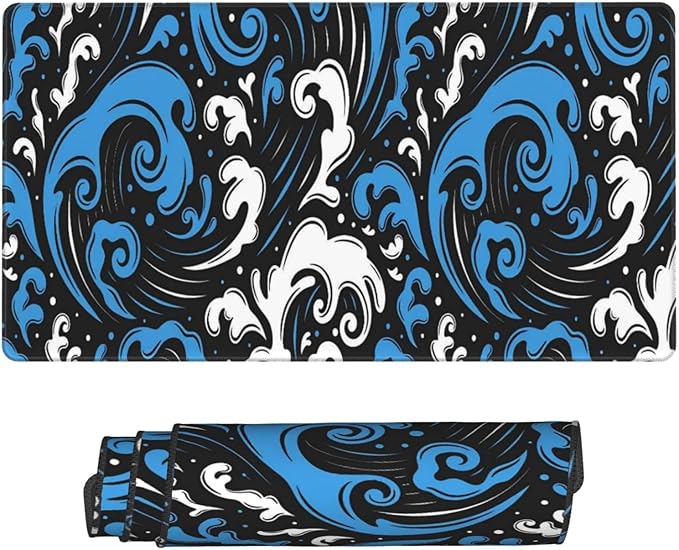 Abstract Wave Blue White Desk Cover MatExtended Large Mouse PadComputer Laptop Mat Desk Decor for Office Game Home 30x16 Inch