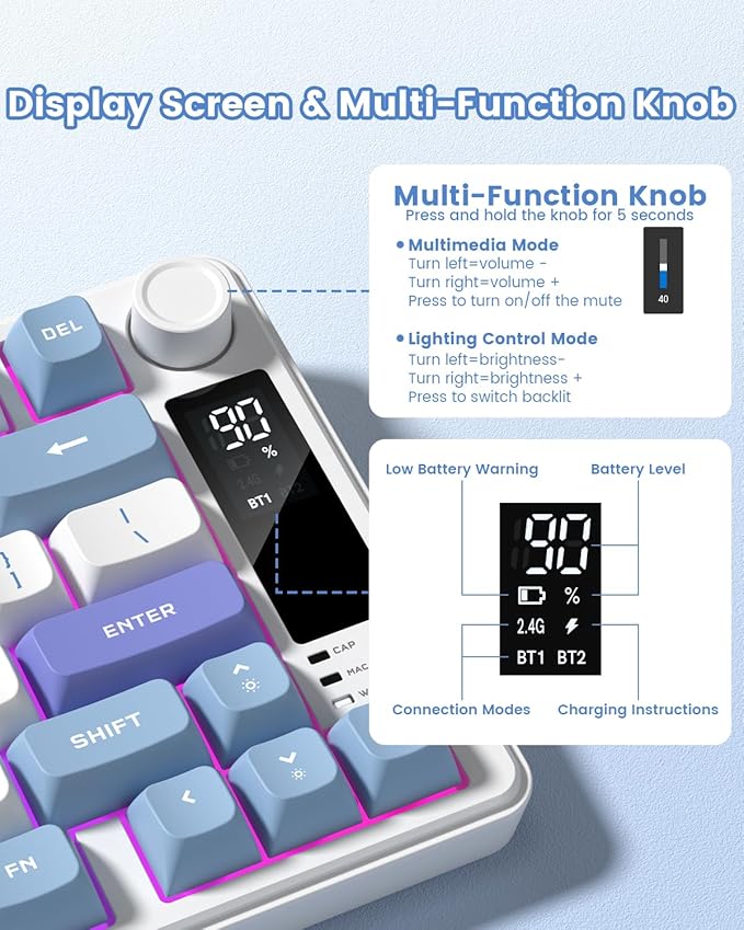 Womier DK75 75% Wireless Gaming Keyboard RGB Backlit Creamy Keyboard with Multifunction Knob &amp Screen Tri-Mode 2.4GHz/USB-C/BT5.0 Anti-Ghosting No-Conflict Silent Membrane Keyboard for MAC Wind