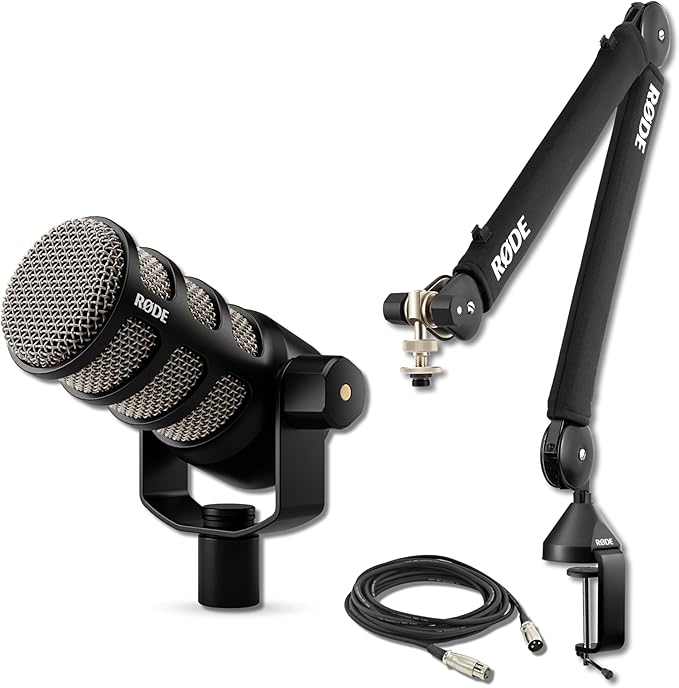 Rode PodMic Dynamic Podcast Microphone with Rode PSA1+ Boom Arm XLR Cable and StreamEye Polishing Cloth