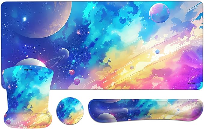 MEGREZ 4-in-1 Ergonomic Memory Foam Wrist Rest Set Desk Pad Mouse Pad with Wrist Rest Keyboard Pad Suitable for Office Workers Programmers &amp Gamers–Relieve Typing &amp Gaming Fatigue Inters