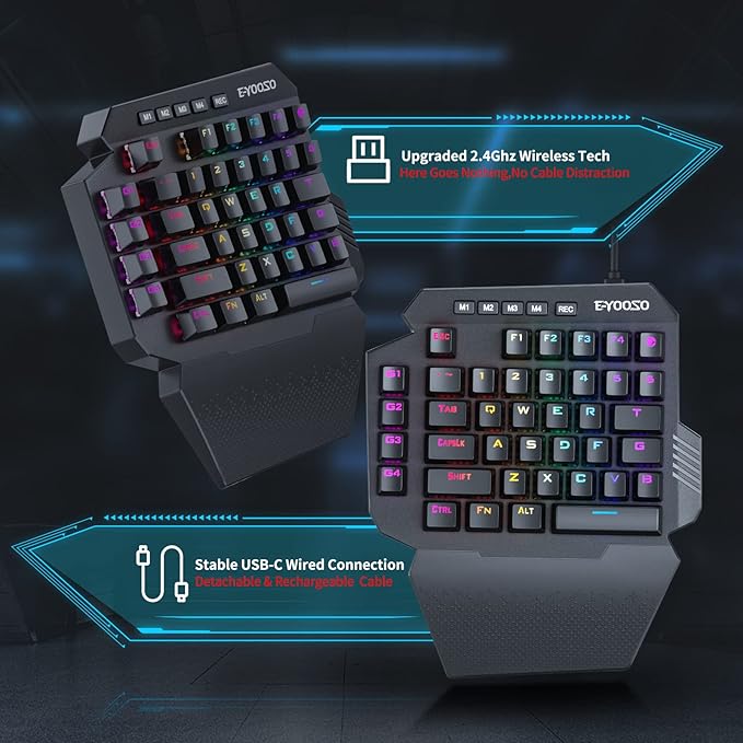 HUO JI Wireless One Handed Mechanical Gaming Keyboard 6 Onboard Macro Keys 2.4Ghz and USB-C Wired Dual Mode RGB Led Backlit Blue Switch Wrist Rest Durable Battery