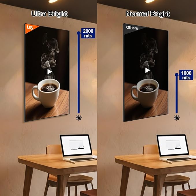 32inch Digital Signage 2000nits High Brightness Advertising Display Slim Fit Frameless LCD Monitor CMS Remote Publishing 24/7 Operation Smart Split Screen Play HDMI/USB/WiFi/Android System