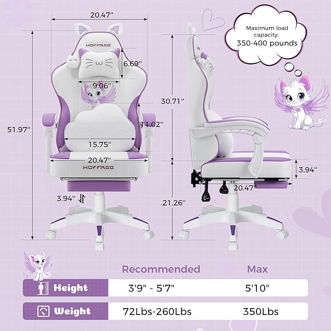 HOFFREE Gaming Chair for Girls with Cat Ears Massage Lumbar Computer Chair Game Chairs for Adults