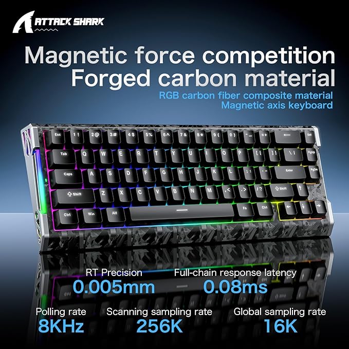 ATTACK SHARK R68 HE Carbon Fiber 8000Hz Rapid Trigger Keyboard 0.005mm RT Accuracy 68 Keys Wired Gaming Keyboard with Magnetic Switch Adjustable Actuation Snap Tap RGB Lighting for PC/Mac Black