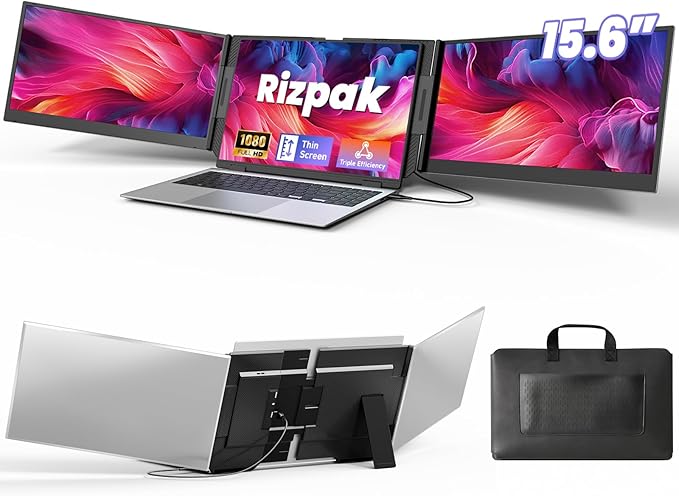 One Cable Laptop Screen Extender 15.6” Ultra-Slim Triple Portable Monitor 1080P FHD IPS Display USB-C/USB-A Connection Travel Monitor for 13–17.3 Laptops MacOS/Windows/Android