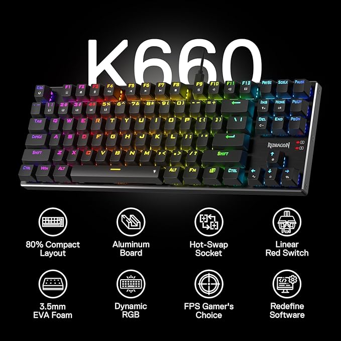 Redragon K660 (K556 TKL) RGB Wired Gaming Keyboard 80% 87 Keys Mechanical Keyboard w/Aluminum Base Upgraded Hot-Swap Socket and Noise Absorbing Foams Quiet Linear Red Switch