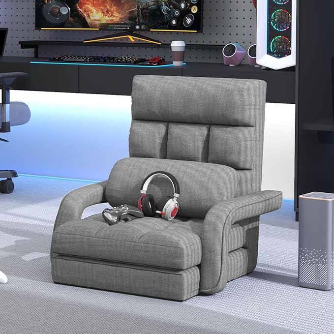 WAYTRIM 6 Position Indoor Chaise Lounge Chair Gaming Floor Chair for Teens Adults Indoor Lounge Chair Lazy Sofa for Pets with Armrests &amp Pillow Comfy Chair for Bedroom Dorm Living Room - Grey