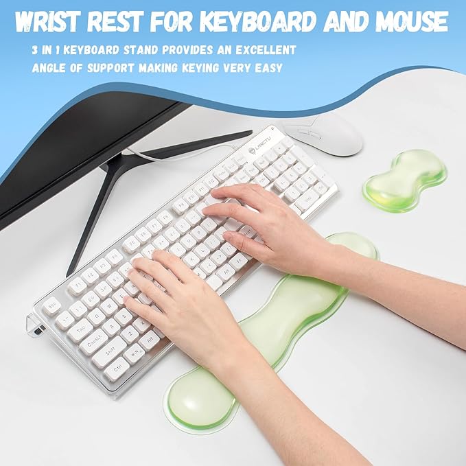 Acrylic Keyboard Stand with Cooling Gel Wrist Rest Set Clear Ergonomic Keyboard Riser Tilted Computer Keyboard Holder with Non-Slip Silicone for Mechanical/Wireless Keyboards Home Office &amp Gami