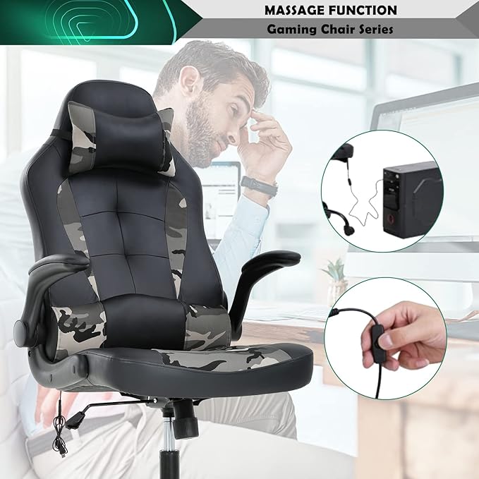 Gaming Chair Ergonomic Video Game Chair Computer High Back Office Desk Chair with Lumbar Support Adjustable Swivel Reclining Rolling PU Leather Game Chairs (Camo2)