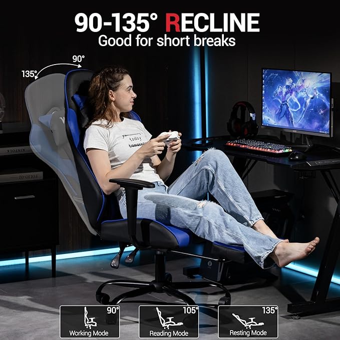Gaming Chair Video Game Chair with Footrest Massage Computer Chair with PU LeatherLumbar Support for Men Women Home Office Height Adjustale Ernogomic Gaming Chair High Back Blue