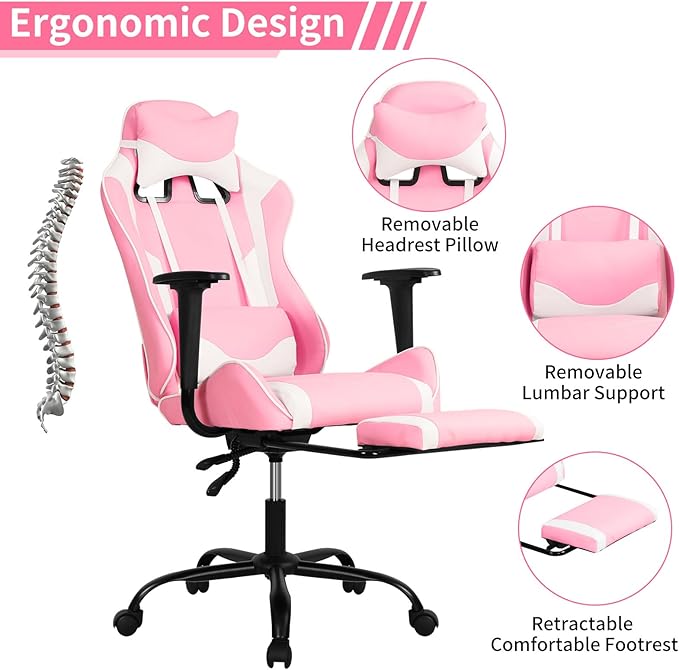 BLKMTY Gaming Chair Reclining Computer Chair with Footrest and Lumbar Support Height Adjustable Game Chairs with Swivel Seat and Headrest for Home Office or Gaming (Pink)