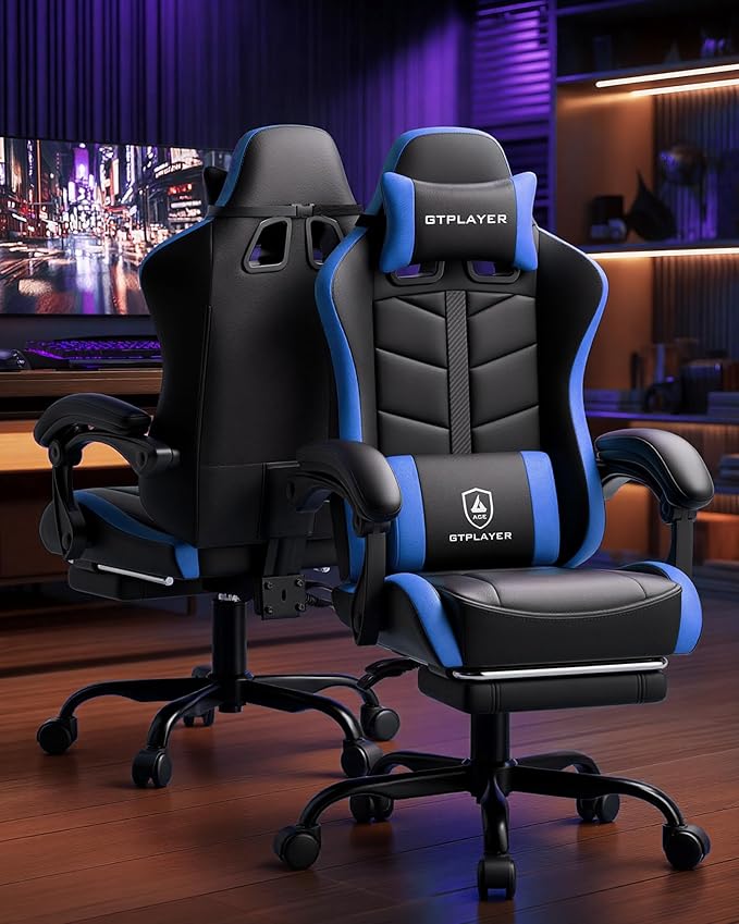 GTPLAYER Gaming Chair for Adults Ergonomic Computer Gaming Chair with Footrest Height Adjustable 90-155° Recline &amp Removable Headrest Lumbar Support Black&ampBlue