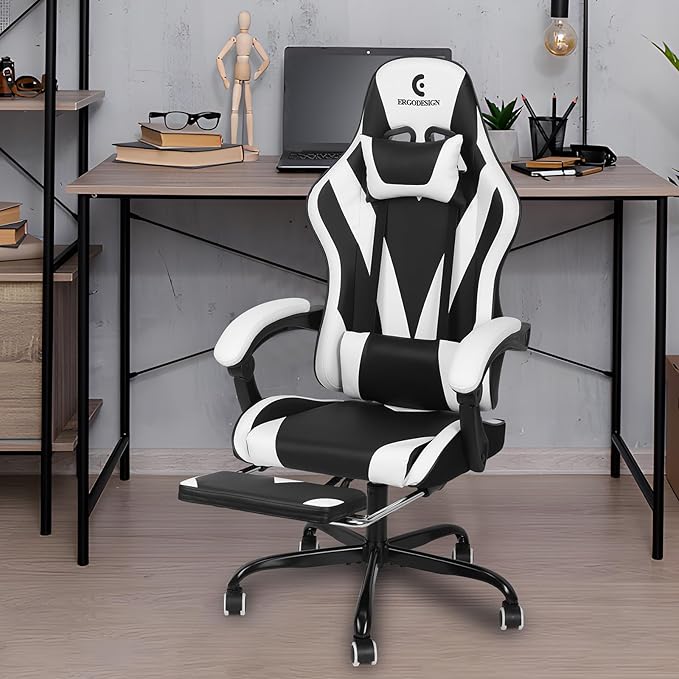 Gaming Chair with Linkage Armrest &amp Footrest High Back Video Gaming Chair Black/White