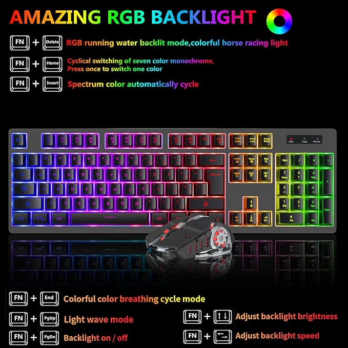 Wireless RGB Gaming Keyboard and Mouse - Rechargeable RGB BacklitLong Battery LifeMechanical Feel7 Color Gaming Mouse for PC Game and Work