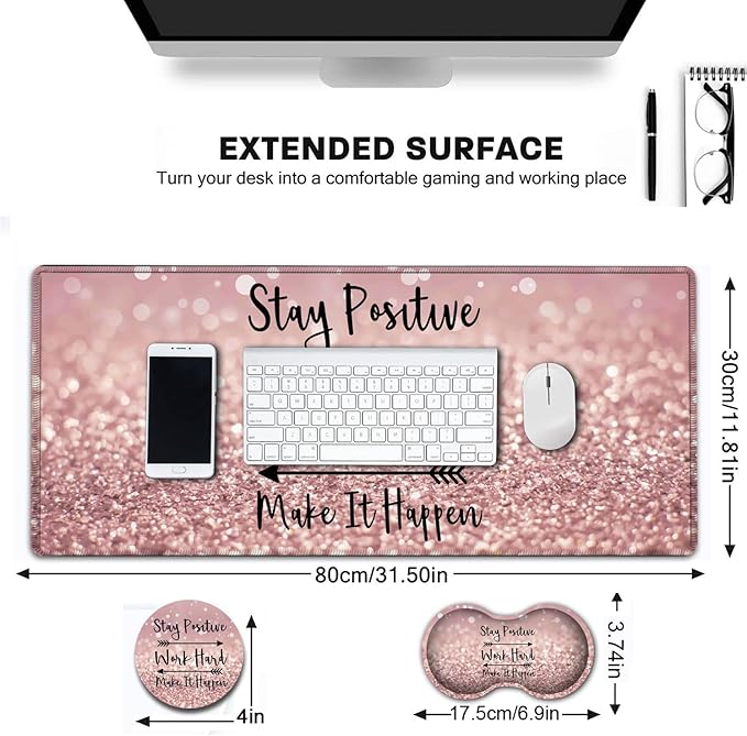 Large Gaming Mouse PadExtended Waterproof Desk Pad Protector (31.5 x 11.8) Ergonomics Memory Foam Mouse Wrist Rest Supportfor Home Office LaptopHard Work Inspirational Quotes Pink Gilt Mouse Mat