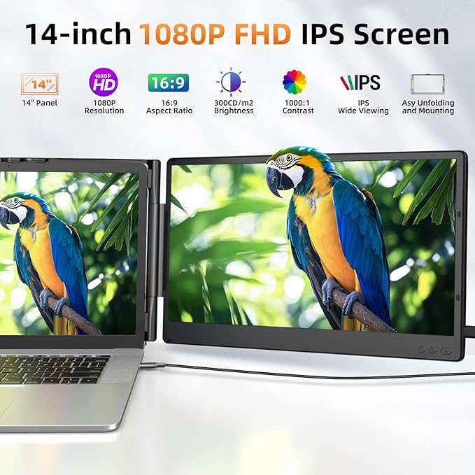 ZUMWALT Laptop Screen Extender 14 Triple Portable Monitor for Laptop 1080P FHD Screen Extender Monitors for 13-16.5 Monitor Extender for MacOS/Windows/Chrome (Built-in Speakers)