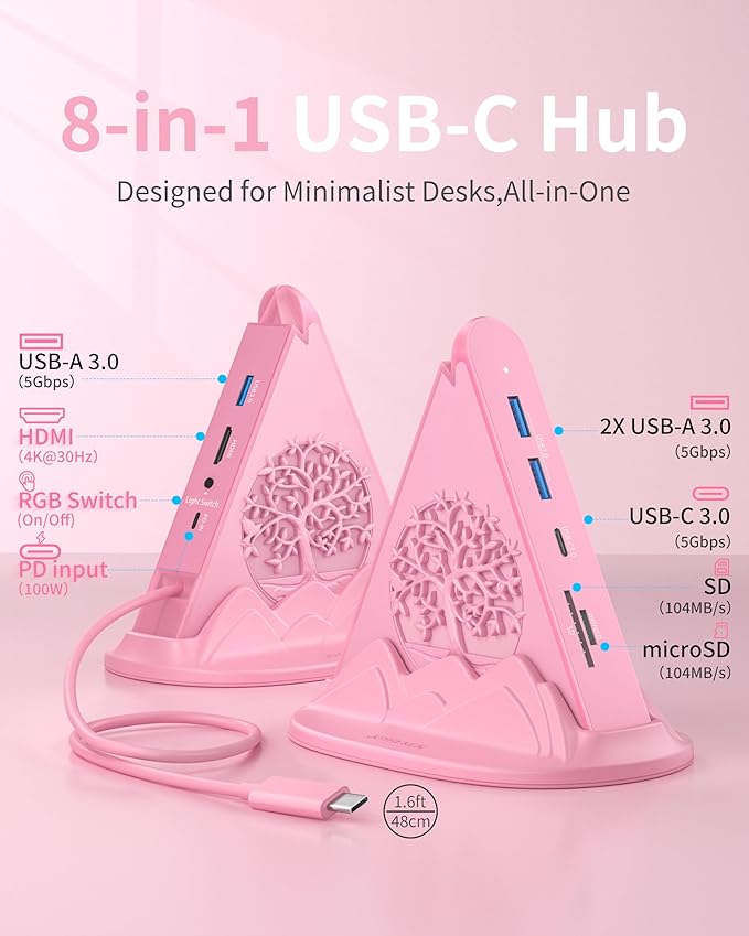 White&ampPink USB C Hub Multiport Adapter8-in-1 Tree USB C Hub with 4K 30Hz HDMI100W Power Delivery5Gbps 3 USB-A Data PortsUSB-C3.0 SD/TF Card ReaderRGB USB Hub for MacBook Air/ProSurface Pro