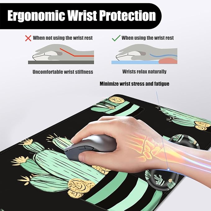 Mouse PadLarge Desk Mat Set 4in1 XL Mousepad + Keyboard Wrist Rest+Mouse Wrist Rest+Coaster with Ergonomic Desk Pad for Home Office Table Computer Cover -Cactus Pattern