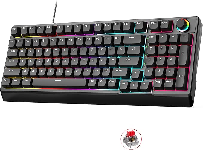 Mechanical Gaming Keyboard with Red Switches: 98 Keys PC Gaming Keyboard with BacklitMulti-Function Volume &amp Lighting KnobAnti-Ghosting Wired USB keybaord for Elite PC/Mac Gamers