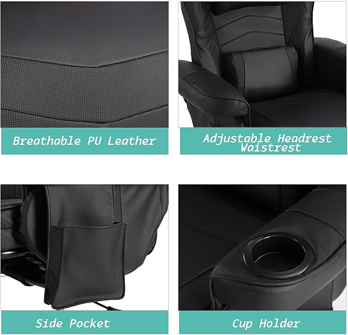 LVUYOYO Reclining Gaming Chair Gaming Chair with Footrest and Massage High Back PU Leather Gaming Recliner w/Adjustable Height Swivel Game Chair with Lumbar Support Cup Holder Headrest
