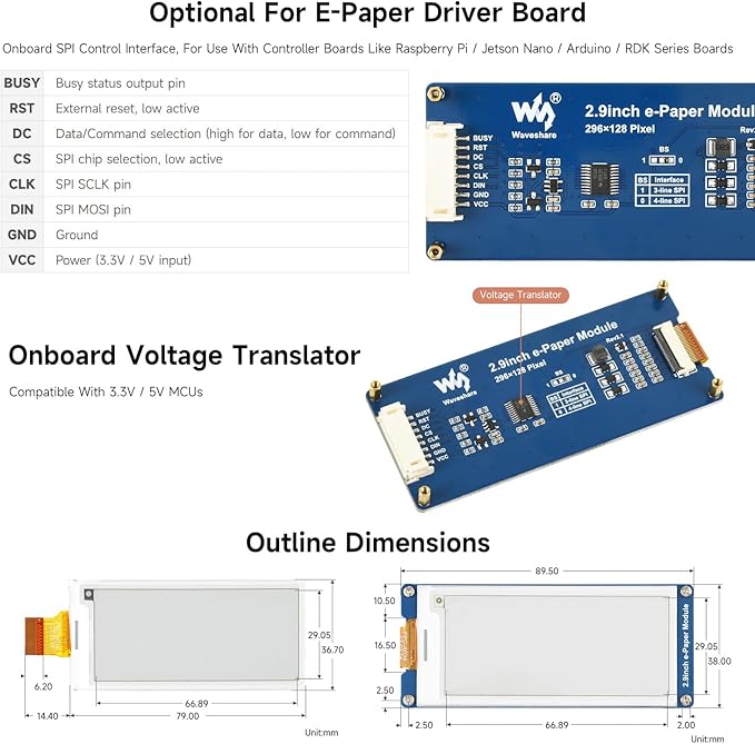 waveshare 2.9inch E-Paper Display (G) E-Ink Display 296x128 Red/Yellow/Black/White SPI Interface with Driver Board