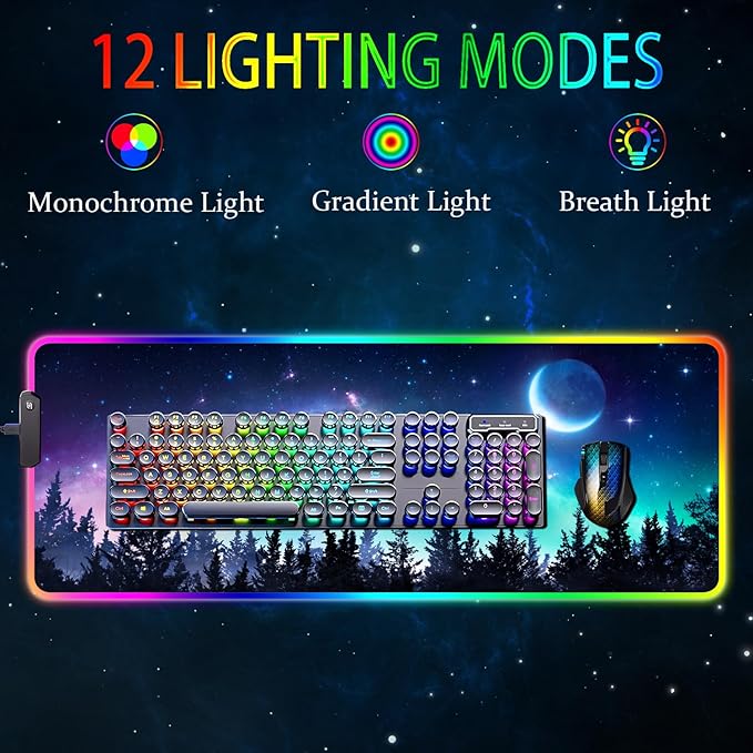 RGB Gaming Mouse Pad Large Mousepad with Led Light Gaming Accessories Keyboard Pad for Desk Non-Slip Rubber Base Big Mouse Mat for Gamer 31.5 X 11.8 Inch Moon Starry Sky