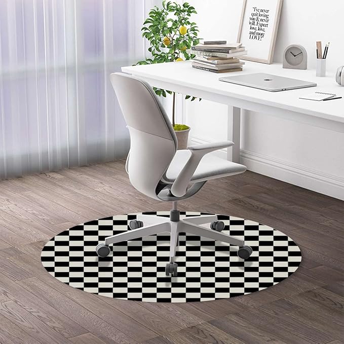 White Charcoal PU Leather Carpet for Hard Wood &amp Tile Floor Checkers Game Geometric Grid Style Chair Rugs Floor Protectors Mat Computer Chair Mat for Rolling Chair Checkered Diameter 39.4 in