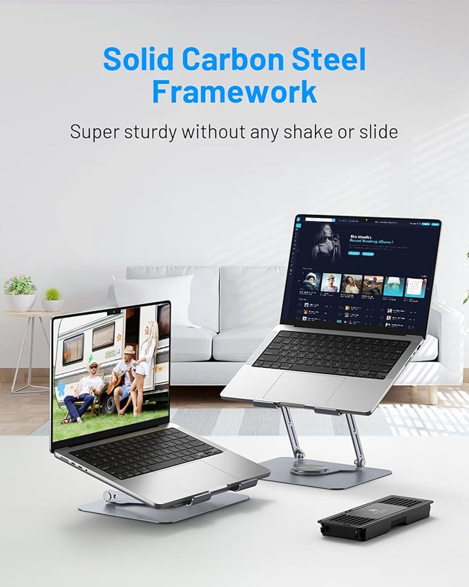 Laptop Cooling Pad with Detachable Fan &amp Cooler Adjustable Height &amp Angle 360 Rotation Base Carbon Steel Framework Ultra-Quiet &amp Super Sturdy for 15.6” Laptop DJ Mixer Workstation (Gr