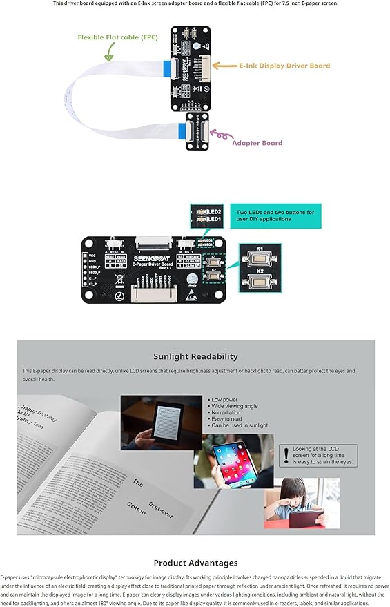 7.5 Inch E-Paper Display HAT for Raspberry Pi 800x480 Monochrome E-Ink Screen with SPI Interface Compatible with Arduino STM32 ESP32 – Partial &amp Full Refresh