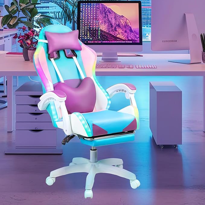 Pink Gaming Chair with Lights Ergonomic Massage Computer Chair Height Adjustable Girls Video Game Chair with 360° Swivel Seat ＆ Headrest Supports 300lbs for Home Office (Purple)