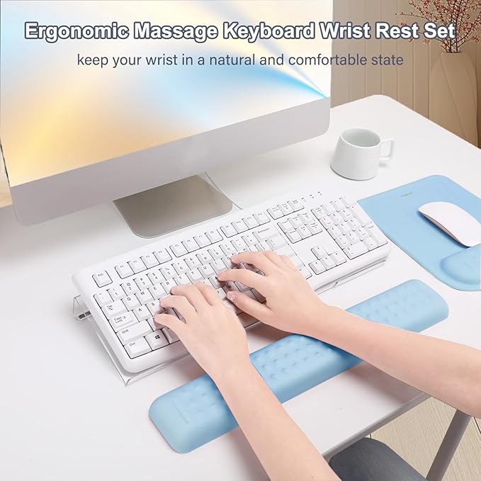 MOSISO Computer Keyboard Stand&ampWrist Rest Support for Keyboard &ampMouse Pad Set Ergonomic Massage Wrist Rest Set Easy Typing Working Acrylic Clear Stand for Office Home Air Blue